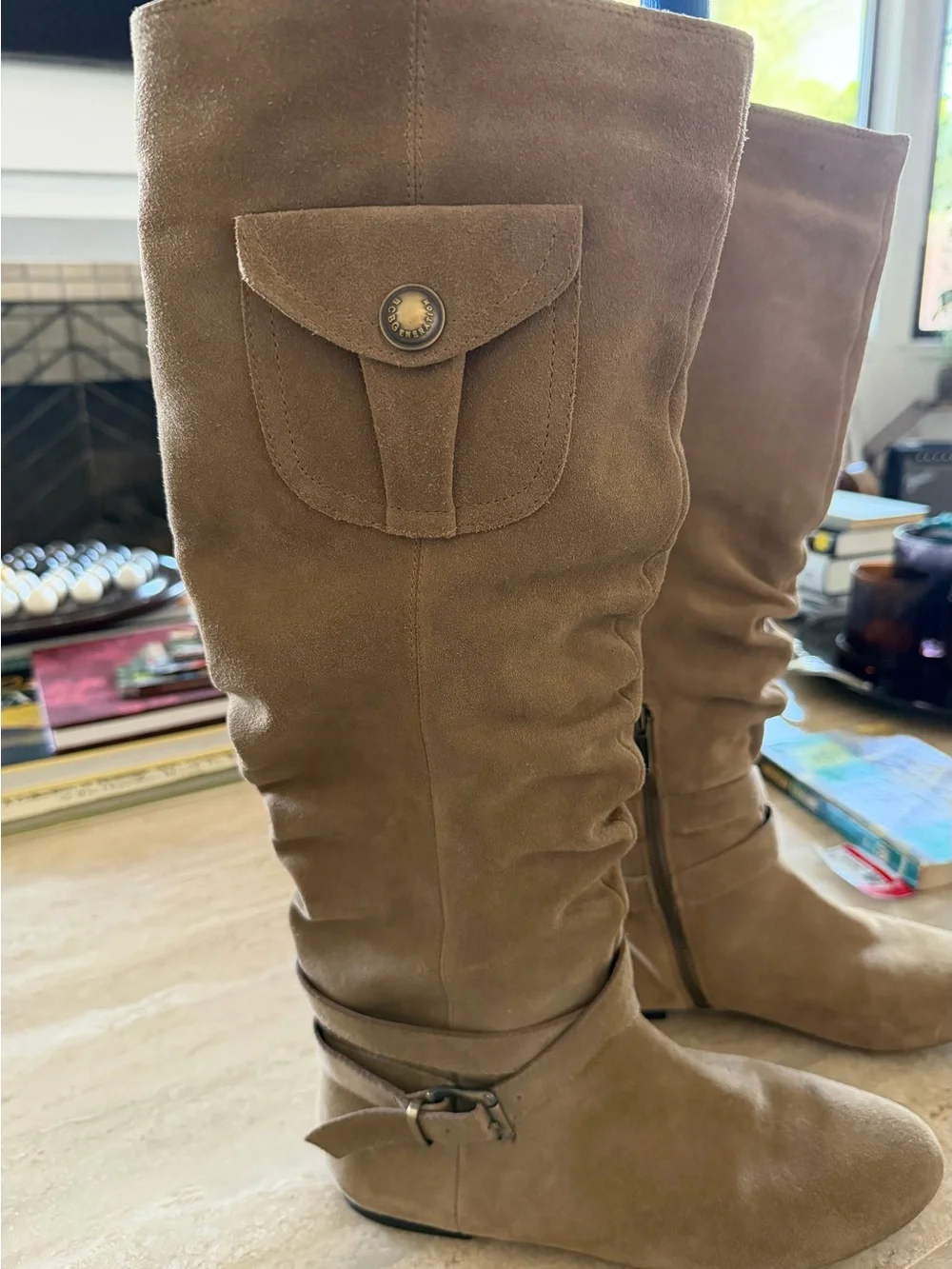 BCBGeneration Tan Suede Knee Length Boots with Pocket Accent and Low Heel